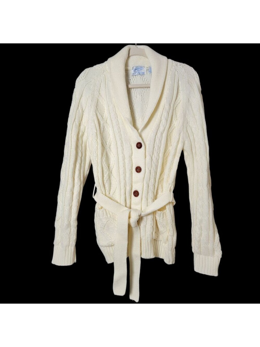 VTG Northern Isles Women Ivory Belted Cable Knit Fisherman Cardigan Sweater 42